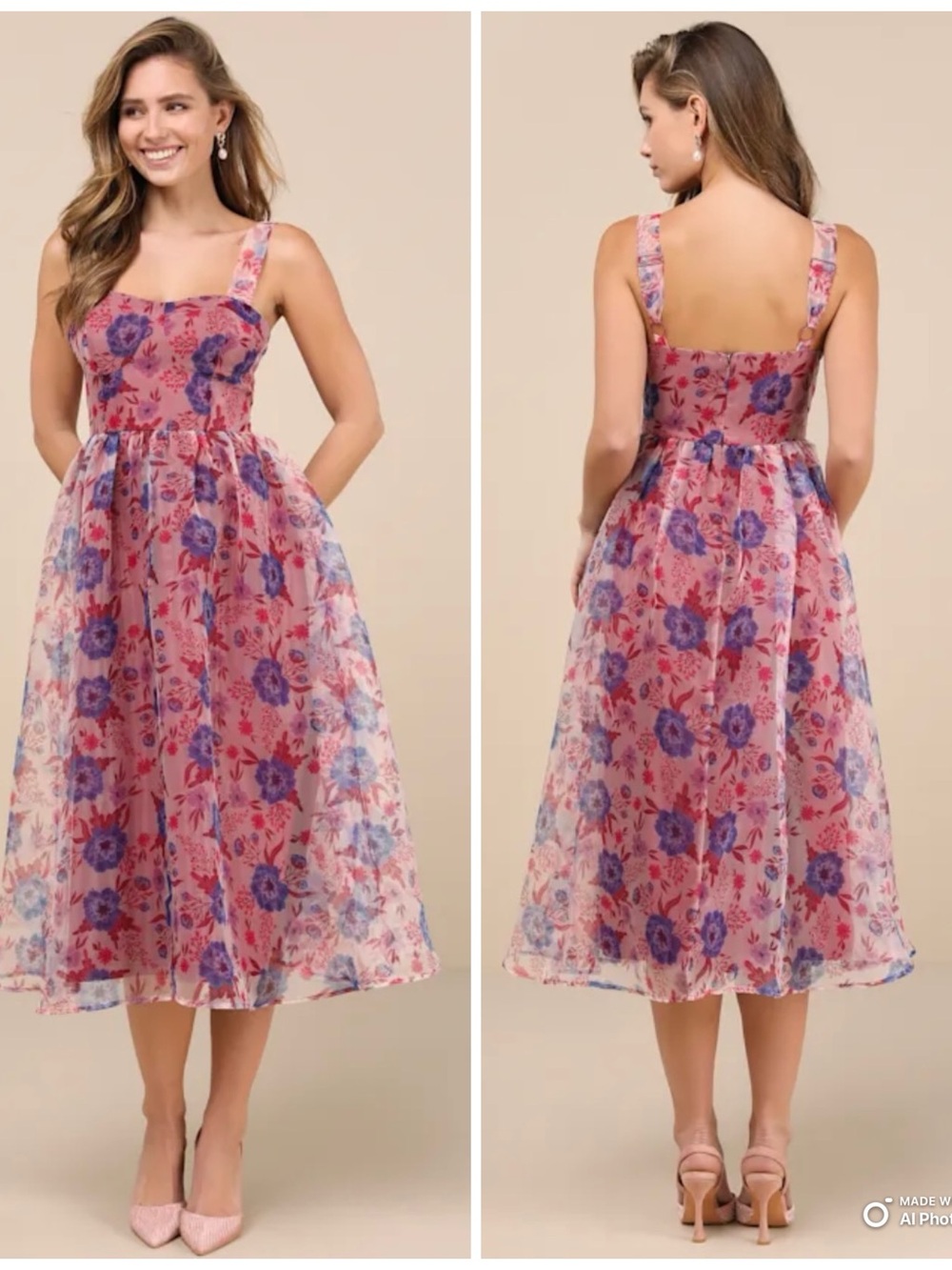Lulus Delightful Look Magenta Floral Print Bustier Midi Skater Dress NWT Party